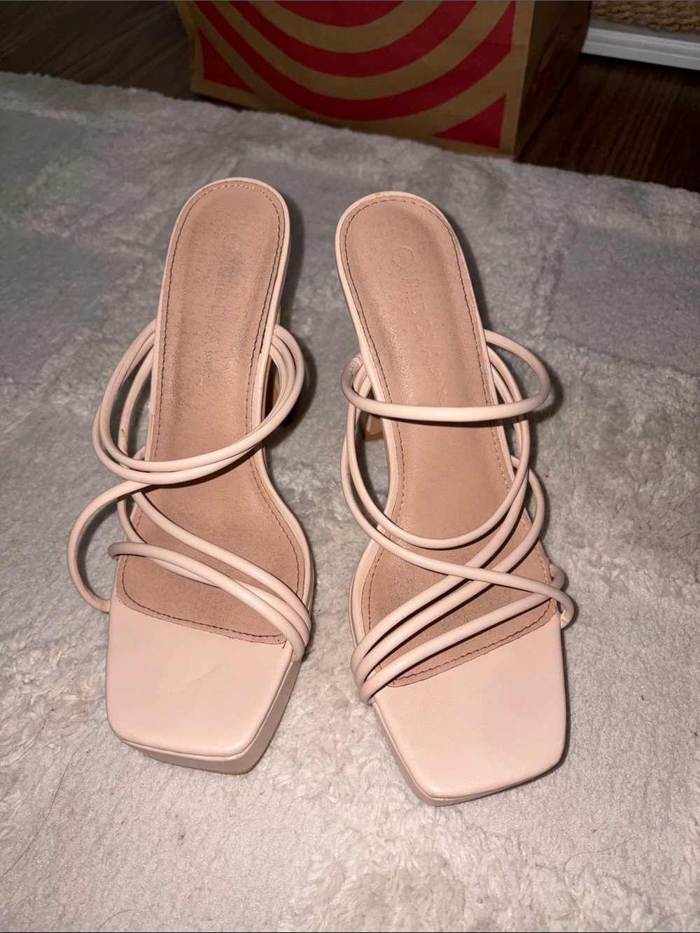 Wild Diva Blush Strappy Square-Toe Slide Heels